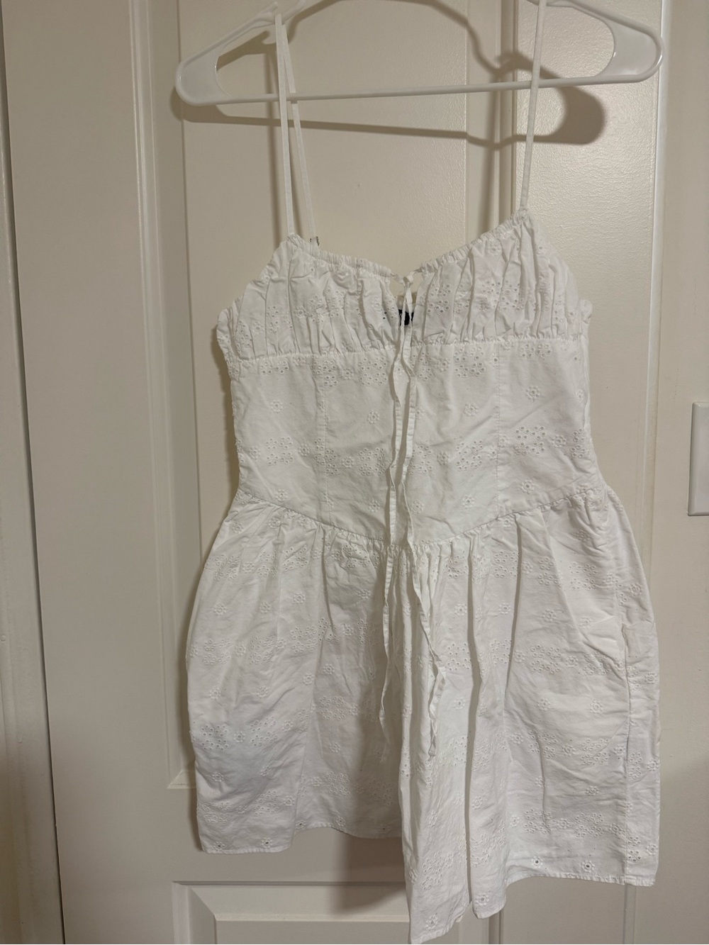 Zara White Eyelet Mini Dress with Spaghetti Straps